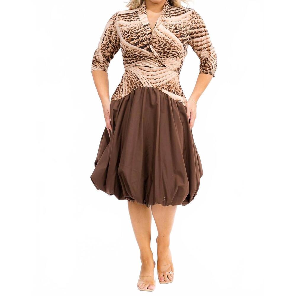 NEW KAREN T DESIGN v-neck balloon dress in brown